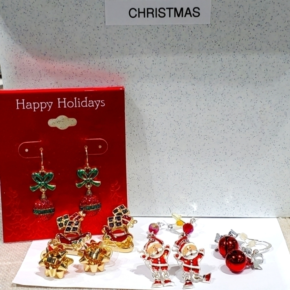 CHRISTMAS EARRINGS MIXED LOT OF 6 PAIRS COSTUME JEWELRY FESTIVE HOLIDAY
